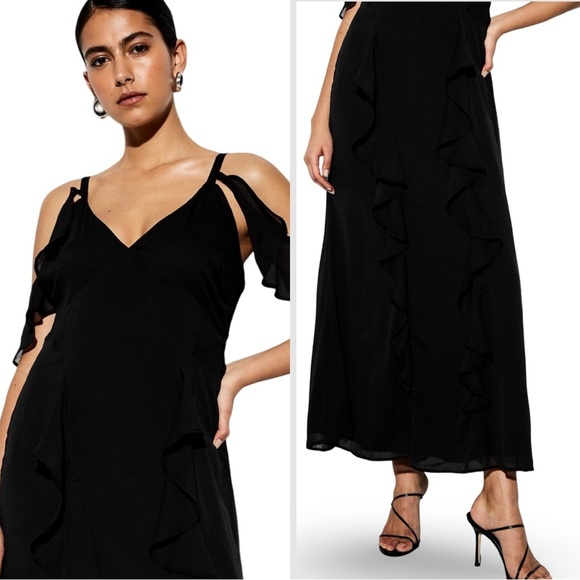 NWTSđź’“THE OCCASION XL 16đź’“PREMIUM LINE OFF SHOULDER BLACK RUFFLED CHIFFON MAXI - Picture 1 of 16